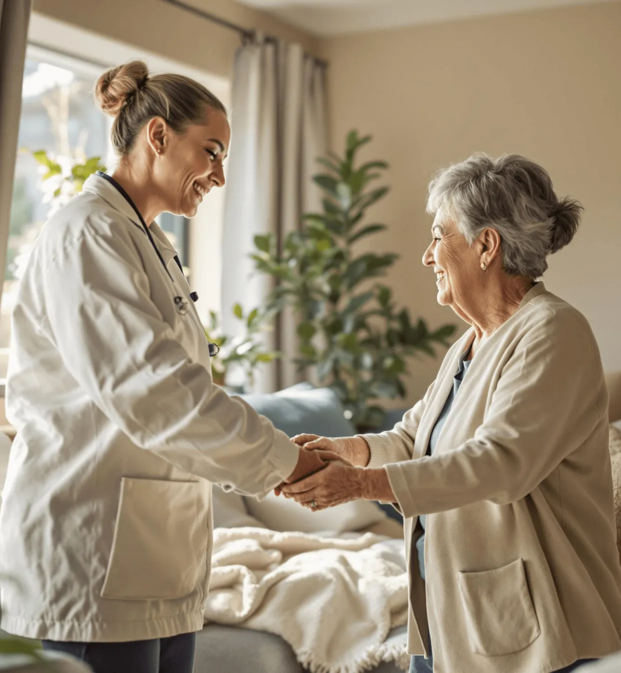 Smiling nurse holds hands with an older woman in a cozy, sunlit living room.