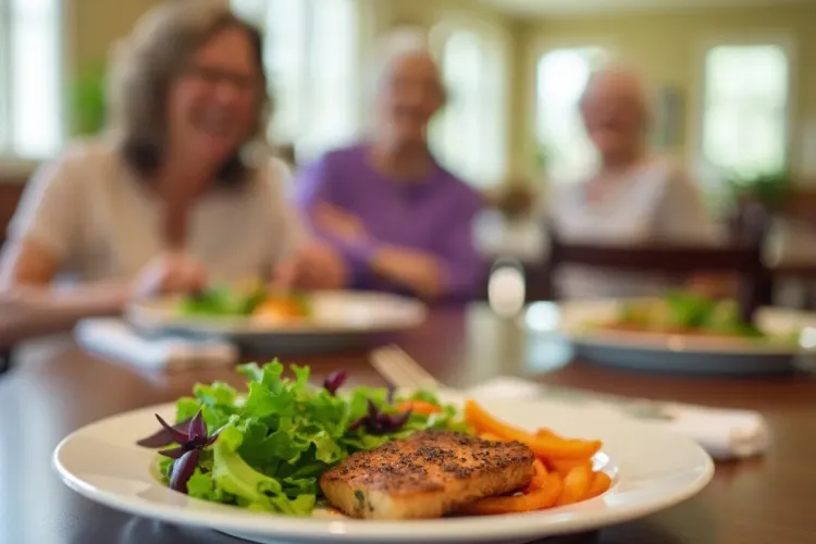 A plate with salad, grilled fish, and carrots sits on a table with three older women in the background.