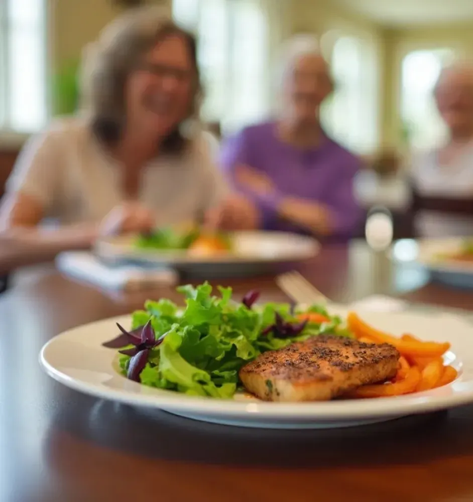 A plate of salmon, salad, and peppers on a table with smiling people in the background.